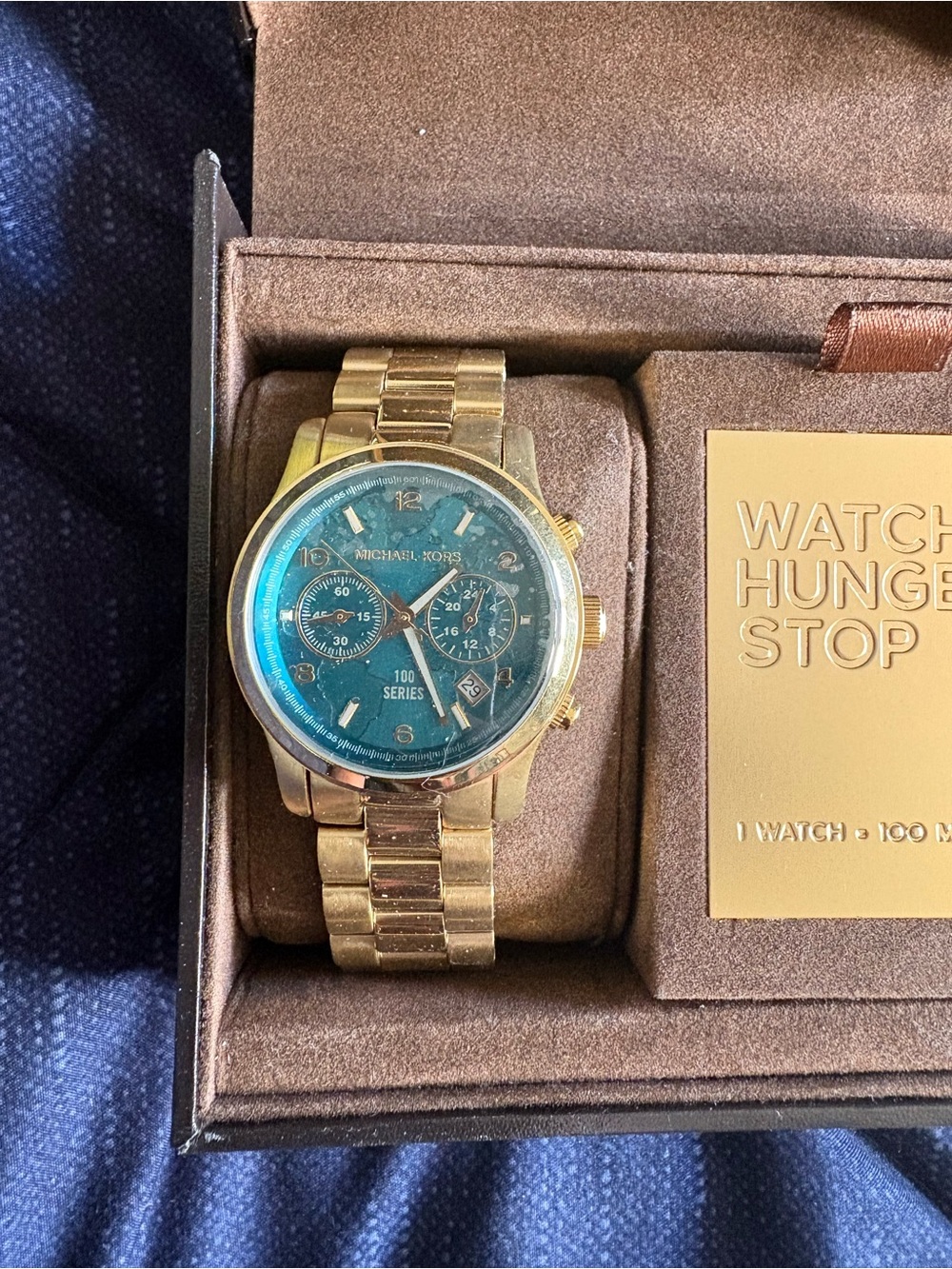Michael Kors Gold Tone Watch with Blue Dial Chronograph - Picture 2 of 8